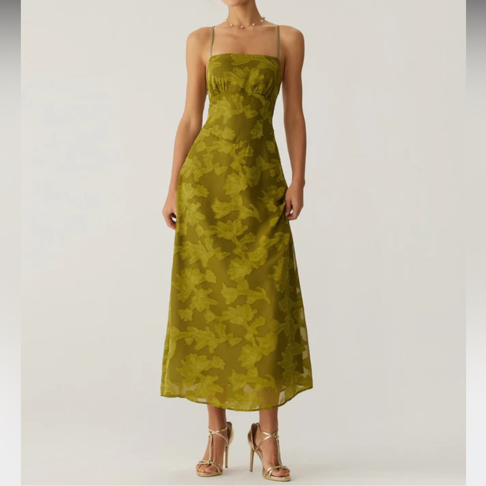 NWT Green Floral Ruched Backless Slip Maxi Dress